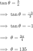 \tan\theta=\frac{b}{a}\\\\\implies\tan\theta=\frac{-3}{3}\\\\ \implies\tan\theta =-1\\\\ \implies\theta=\frac{3\pi}{4}\\\\\implies\theta=135