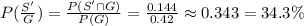 P(\frac{S'}{G})=\frac{P(S'\cap G)}{P(G)}=\frac{0.144}{0.42}\approx 0.343=34.3\%