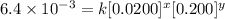 6.4\times 10^{-3}=k[0.0200]^x[0.200]^y