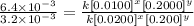 \frac{6.4\times 10^{-3}}{3.2\times 10^{-3}}=\frac{k[0.0100]^x[0.2000]^y}{k[0.0200]^x[0.200]^y}