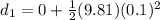 d_1 = 0 + \frac{1}{2}(9.81)(0.1)^2