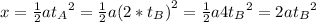 x=\frac{1}{2} a{t_A}^2=\frac{1}{2} a{(2*t_B)}^2=\frac{1}{2} a4{t_B}^2= 2 a{t_B}^2