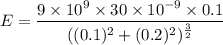 E=\dfrac{9\times10^{9}\times30\times10^{-9}\times0.1}{((0.1)^2+(0.2)^2)^{\frac{3}{2}}}