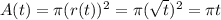 A(t)=\pi (r(t))^2=\pi(\sqrt{t})^2=\pi t