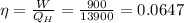 \eta =\frac{W}{Q_H}=\frac{900}{13900}=0.0647