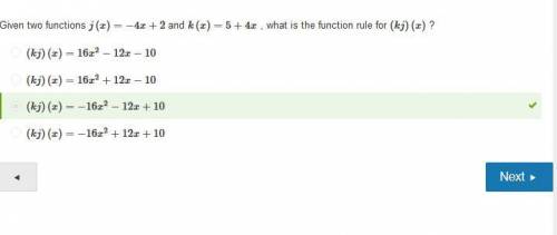 Will mark brainliest if given two functions j(x)=−4x+2k(x)=5+4xwhat is the function rule for (kj)(x)