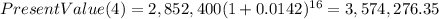 PresentValue(4)=2,852,400(1+0.0142)^{16} =3,574,276.35