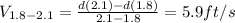 V_{1.8-2.1}=\frac{d(2.1)-d(1.8)}{2.1-1.8}=5.9 ft/s