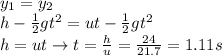 y_1 = y_2\\h-\frac{1}{2}gt^2 = ut - \frac{1}{2}gt^2 \\h = ut \rightarrow t = \frac{h}{u}=\frac{24}{21.7}=1.11 s