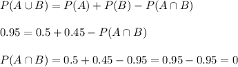 P(A\cup B)=P(A)+P(B)-P(A\cap B)\\ \\0.95=0.5+0.45-P(A\cap B)\\ \\P(A\cap B)=0.5+0.45-0.95=0.95-0.95=0