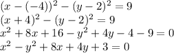 (x-(-4))^2-(y-2)^2=9\\(x+4)^2-(y-2)^2=9\\x^2+8x+16-y^2+4y-4-9=0\\x^2-y^2+8x+4y+3=0