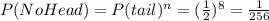 P(NoHead)=P(tail)^{n}=(\frac{1}{2})^8=\frac{1}{256}