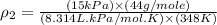 \rho_2=\frac{(15kPa)\times (44g/mole)}{(8.314L.kPa/mol.K)\times (348K)}