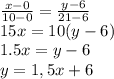 \frac{x-0}{10-0} =\frac{y-6}{21-6} \\15x=10(y-6)\\1.5x=y-6\\y=1,5x+6