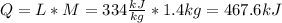 Q=L*M=334\frac{kJ}{kg}*1.4kg= 467.6kJ