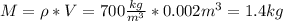M=\rho * V=700\frac{kg}{m^3}*0.002m^3= 1.4 kg