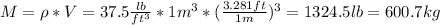 M=\rho*V=37.5\frac{lb}{ft^3}*1m^3*(\frac{3.281ft}{1m})  ^3=1324.5lb=600.7 kg