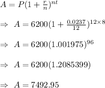 A=P(1+\frac{r}{n})^{nt}\\\\\Rightarrow\ A=6200(1+\frac{0.0237}{12})^{12\times8}\\\\\Rightarrow\ A=6200(1.001975)^{96}\\\\\Rightarrow\ A=6200(	1.2085399)\\\\\Rightarrow\ A=7492.95
