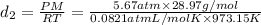 d_2=\frac{PM}{RT}=\frac{5.67 atm\times 28.97 g/mol}{0.0821 atm L/ mol K\times 973.15 K}