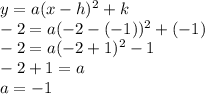 y=a(x-h)^{2} +k\\-2=a(-2-(-1))^{2} +(-1)\\-2=a(-2+1)^{2} -1\\-2+1=a\\a=-1