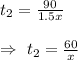 t_2=\frac{90}{1.5x}\\\\\Rightarrow\ t_2=\frac{60}{x}