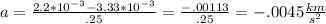 a=\frac{2.2*10^{-3}-3.33*10^{-3}}{.25}=\frac{-.00113}{.25}=-.0045\frac{km}{s^2}