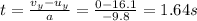t=\frac{v_y-u_y}{a}=\frac{0-16.1}{-9.8}=1.64 s