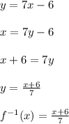 y=7x-6\\\\x=7y-6\\\\x+6=7y\\\\y=\frac{x+6}{7} \\\\f^{-1} (x)=\frac{x+6}{7}