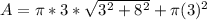 A = \pi*3 *\sqrt{3^2 +8^2}+\pi(3)^2