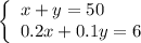 \left\{\begin{array}{l}x+y=50\\0.2x+0.1y=6\end{array}\right.