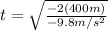 t=\sqrt{\frac{-2(400 m)}{-9.8 m/s^{2}}}