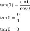 \tan(0)=\dfrac{\sin 0}{\cos 0}\\\\\tan 0=\dfrac{0}{1}\\\\\tan 0=0