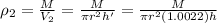 \rho_2=\frac{M}{V_2}=\frac{M}{\pi r^2h'}=\frac{M}{\pi r^2(1.0022)h}