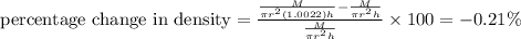 \text{percentage change in density}=\frac{\frac{M}{\pi r^2(1.0022)h}-\frac{M}{\pi r^2h}}{\frac{M}{\pi r^2h}}\times 100=-0.21\%