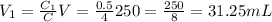 V_1=\frac{C_1}CV=\frac{0.5}4250=\frac{250}8=31.25 mL