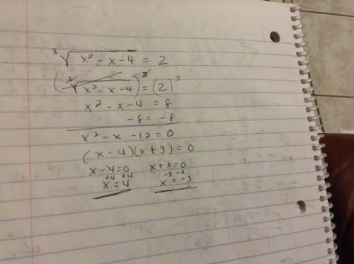 How would i solve this equation with exponents. it's the cube root of x^2 -x-4=2