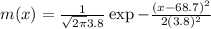 m(x) = \frac{1}{\sqrt{2\pi}3.8}\exp{-\frac{(x-68.7)^{2}}{2(3.8)^{2}}}
