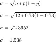 \sigma=\sqrt{n*p(1-p)}\\\\\sigma=\sqrt{12*0.73(1-0.73)}\\\\\sigma=\sqrt{2.3652}\\\\\sigma=1.538
