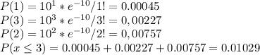 P(1)=10^{1}*e^{-10}  /1!=0.00045\\P(3)=10^{3}*e^{-10}  /3!=0,00227\\P(2)=10^{2}*e^{-10}  /2!=0,00757\\P(x\leq3)=0.00045+0.00227+0.00757 = 0.01029