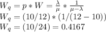 W_{q}=p*W=\frac{\lambda}{\mu}*\frac{1}{\mu-\lambda}\\W_{q}=(10/12)*(1/(12-10))\\W_{q}=(10/24)=0.4167