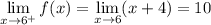 \displaystyle\lim_{x\to6^+}f(x)=\lim_{x\to6}(x+4)=10