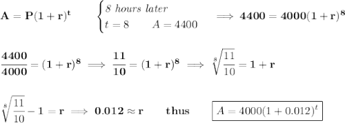 \bf A=P(1+r)^t\qquad &#10;\begin{cases}&#10;\textit{8 hours later}\\&#10;t=8\qquad A=4400&#10;\end{cases}\implies 4400=4000(1+r)^8&#10;\\\\\\&#10;\cfrac{4400}{4000}=(1+r)^8\implies \cfrac{11}{10}=(1+r)^8\implies \sqrt[8]{\cfrac{11}{10}}=1+r&#10;\\\\\\&#10;\sqrt[8]{\cfrac{11}{10}}-1=r\implies 0.012\approx r\qquad thus\qquad \boxed{A=4000(1+0.012)^t}