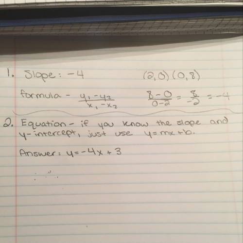 1.what is the slope of the line through the points (2 0) and (0 8) m= 2.write the equation of the li