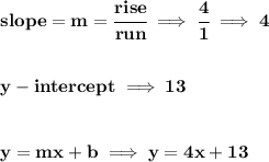 \bf slope=m=\cfrac{rise}{run}\implies \cfrac{4}{1}\implies 4&#10;\\\\\\&#10;y-intercept\implies 13&#10;\\\\\\&#10;y=mx+b\implies y=4x+13