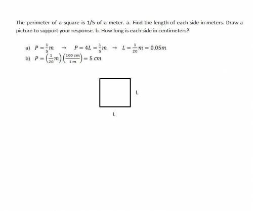 The perimeter of a square is 1/5 of a meter. a. find the length of each side in meters. draw a pictu