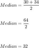 Median=\dfrac{30+34}{2}\\\\\\Median=\dfrac{64}{2}\\\\\\\\Median=32