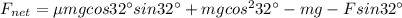 F_{net}=\mu mg cos 32^{\circ} sin 32^{\circ} + mg cos^2 32^{\circ} - mg - F sin 32^{\circ}