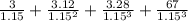 \frac{3}{1.15} + \frac{3.12}{1.15^2} + \frac{3.28}{1.15^3} + \frac{67}{1.15^3}