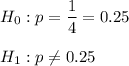 H_0:p=\dfrac{1}{4}=0.25\\\\H_1:p\neq 0.25