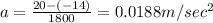 a=\frac{20-(-14)}{1800}=0.0188m/sec^2